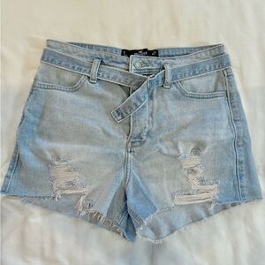 Hollister Light Blue Distressed Denim Belt Buckle Detail Shorts